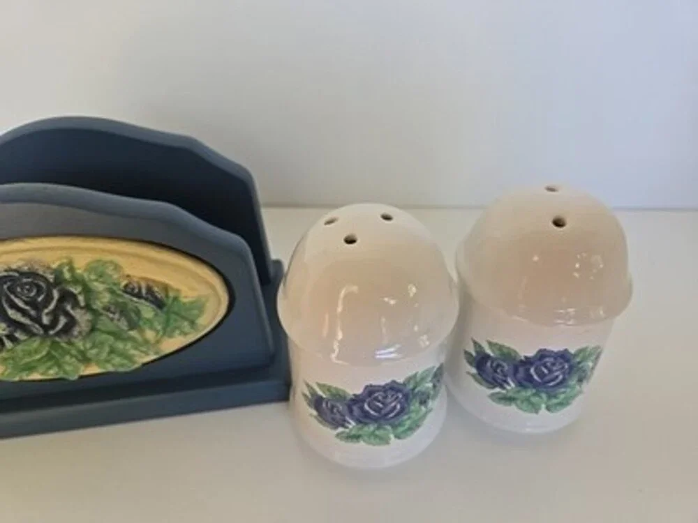 Salt And Pepper Shaker Napkin Holder Set - Blue Rose - RARE